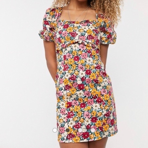 Topshop Women 10 Multicolor Floral Tie Back Puff Sleeve Poplin Mini Tea Dress - Picture 1 of 14